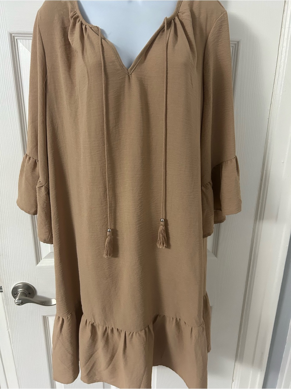 Mlle Gabrielle Tan Tassel Tie Ruffle Midi Dress